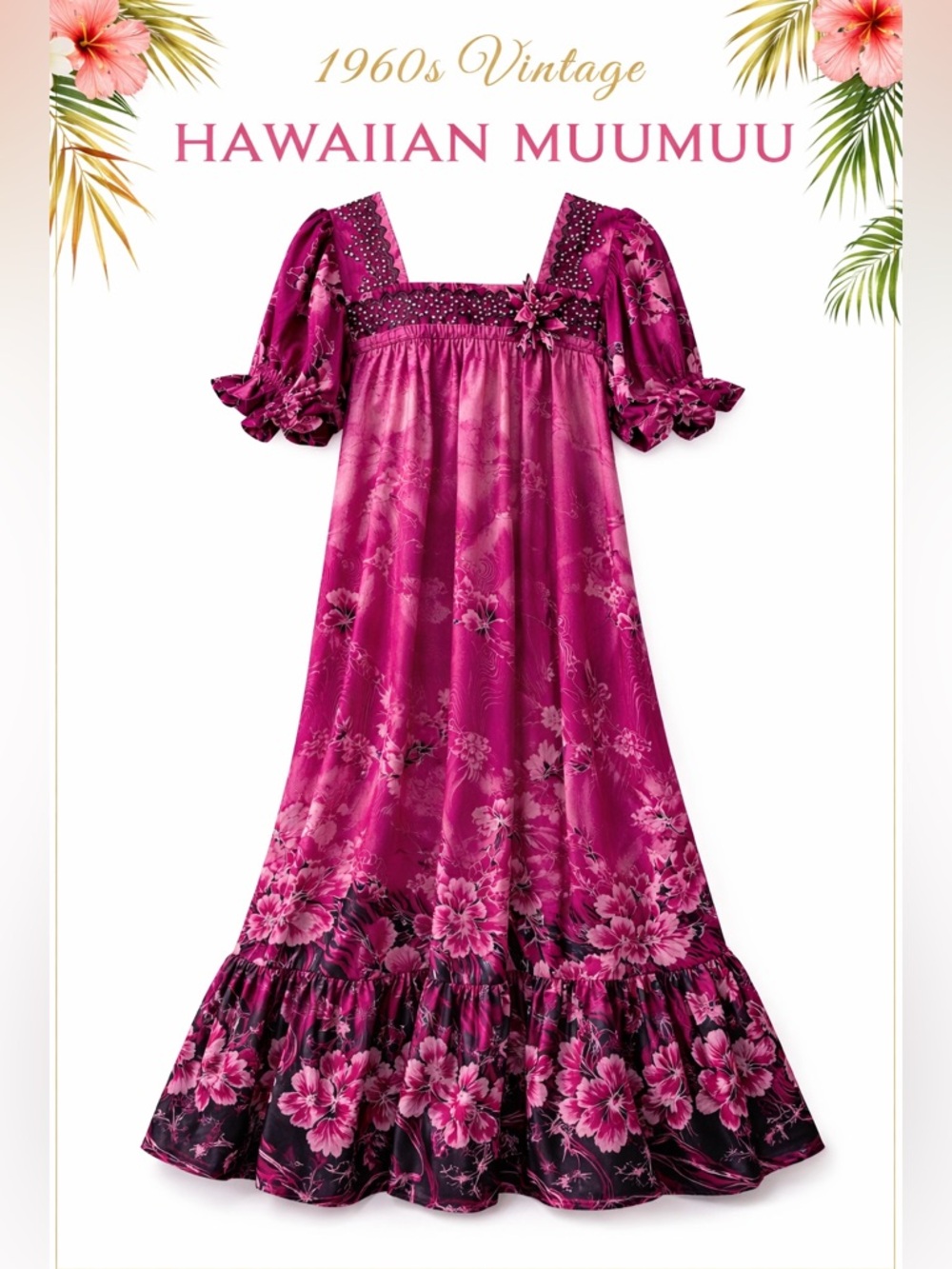 Vintage 1960s Hawaiian Muumuu Dress Pink Floral Rhinestone Handmade Maxi M